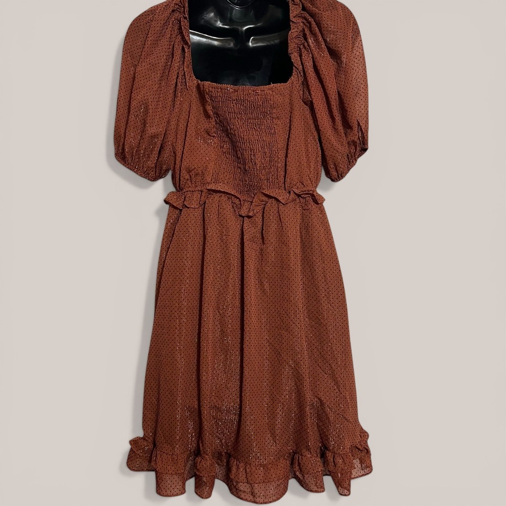 By The River Brown Polka Dot Puff Sleeve Dress Small Smocked Back - Picture 3 of 12